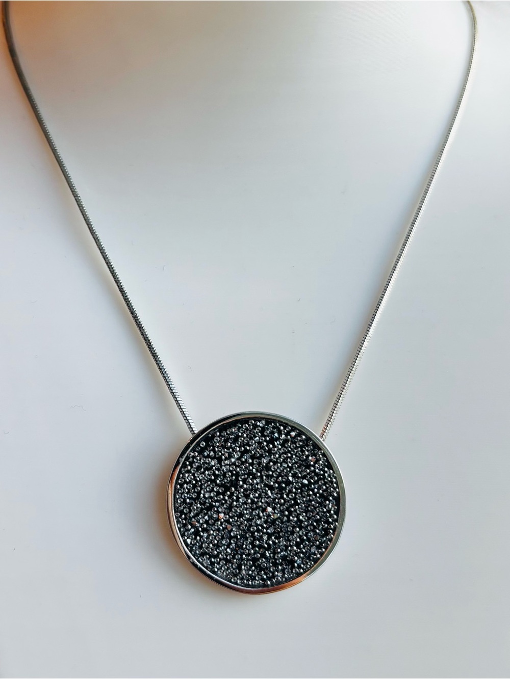 Macy's Silver-Tone Round Pendant Necklace with Black Crystal Bead Inlay